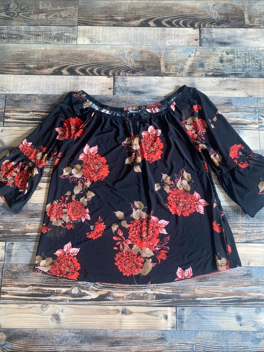 Unique Spectrum Black Off-Shoulder Tunic with Red Floral Print